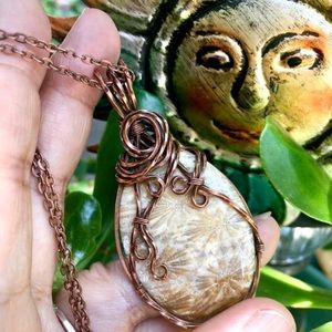 Fossil Coral Copper Wire Wrapped Pendant